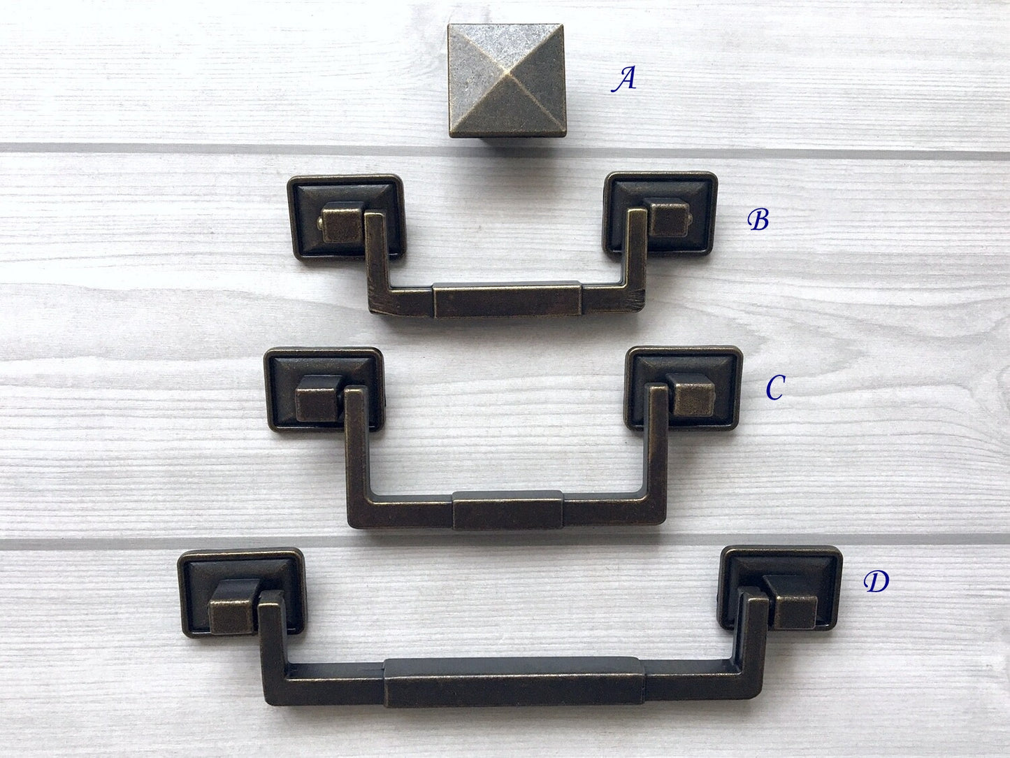 3.5" 3.75" 5.5" Vintage Style Drop Bail Drawer Pulls with Square Cabinet Knob, Antique Bronze