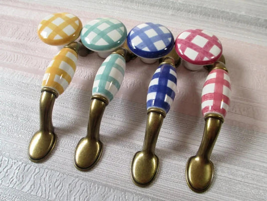 Gingham Porcelain Drawer Pulls, 3" 3.75" Centers, Blue Green Yellow Red