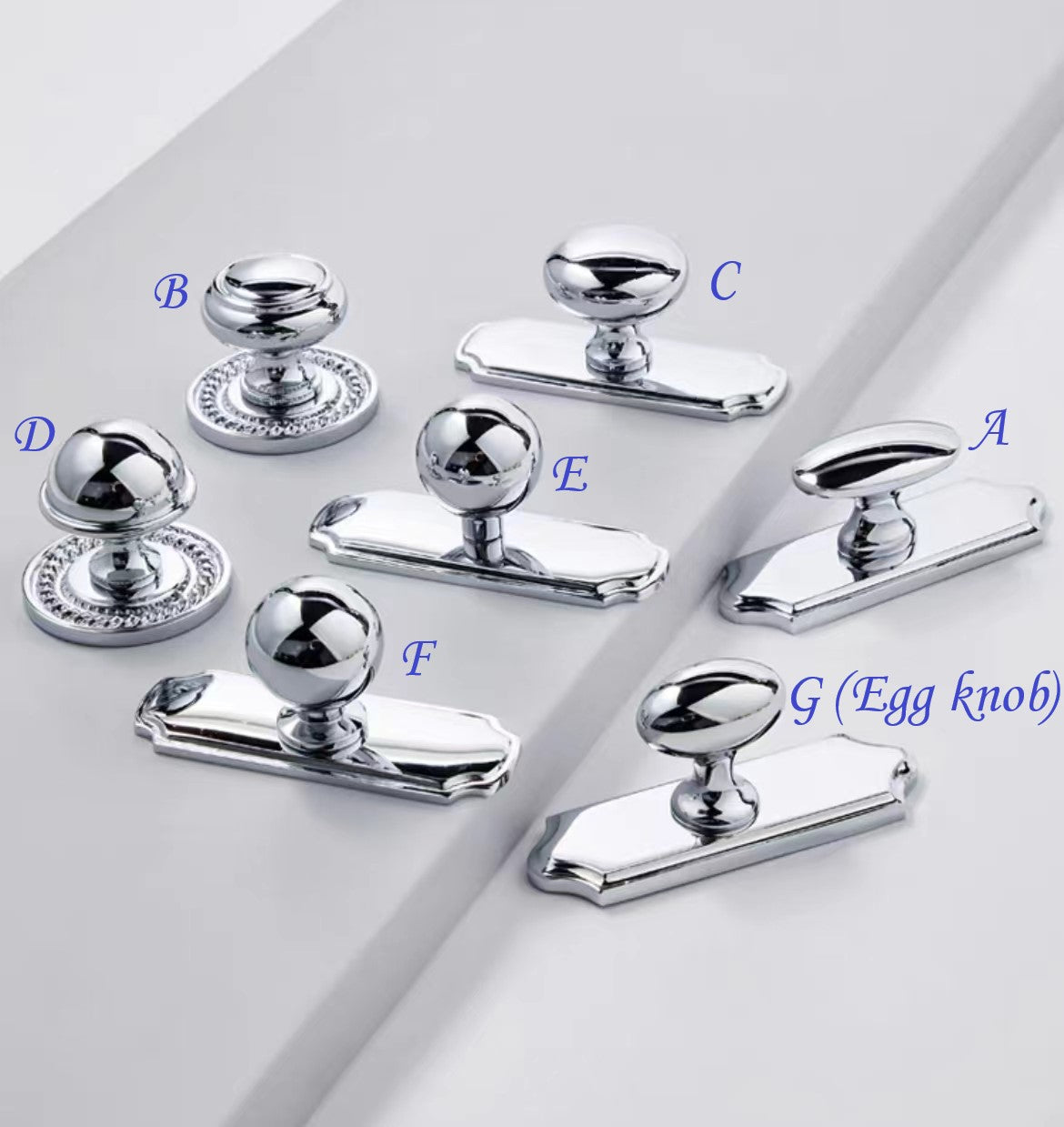 Collection of polished chrome silver cabinet knobs with backplate