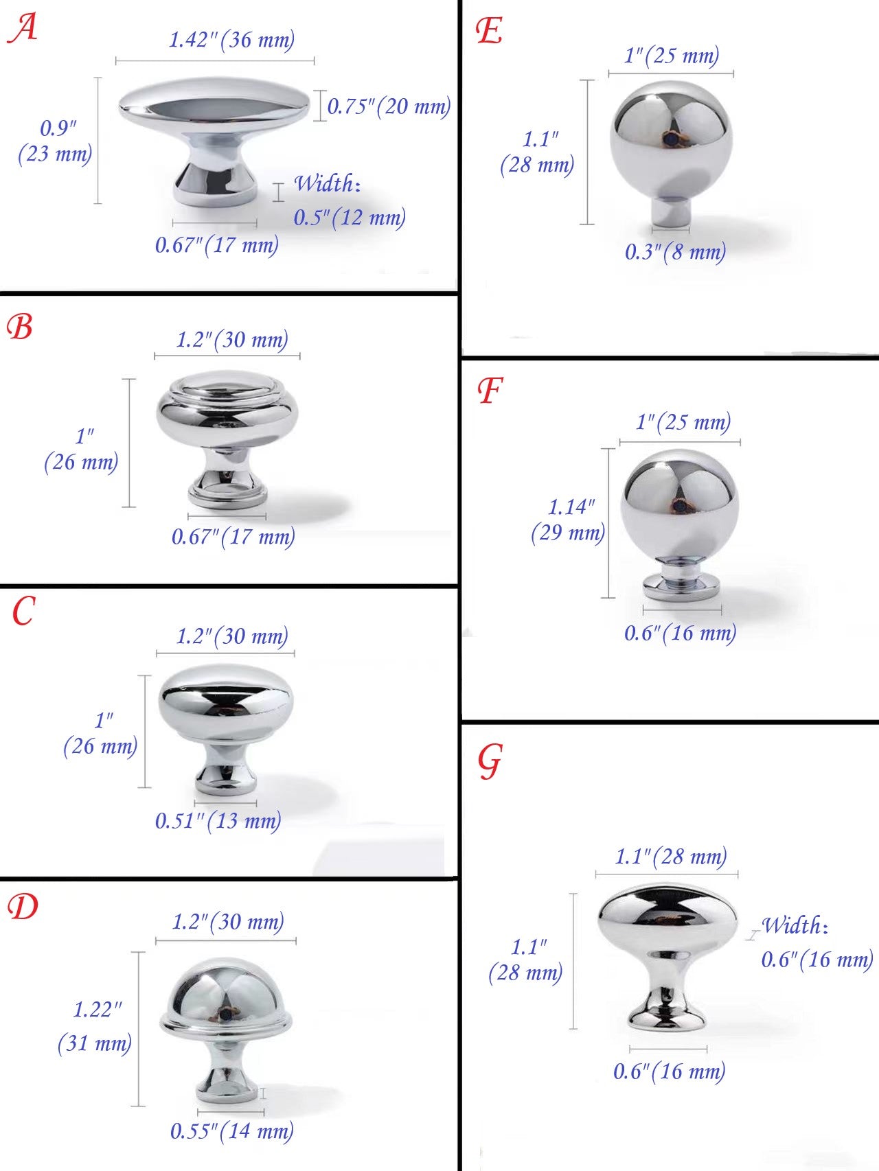Set of metallic knobs with dimensions labeled on a white background