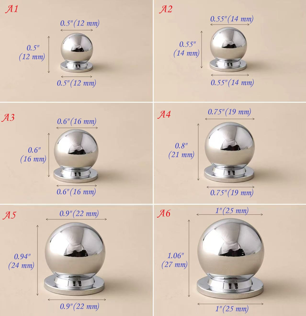 Kugelknauf für Schränke aus poliertem Chrom | Schmuckkästchenknopf - 0,5" bis 1" Durchmesser