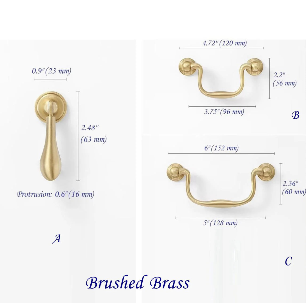 Brass Swan-Neck Swing Bail Handle & Teardrop Drawer Pull - 3.75" 5" C-C
