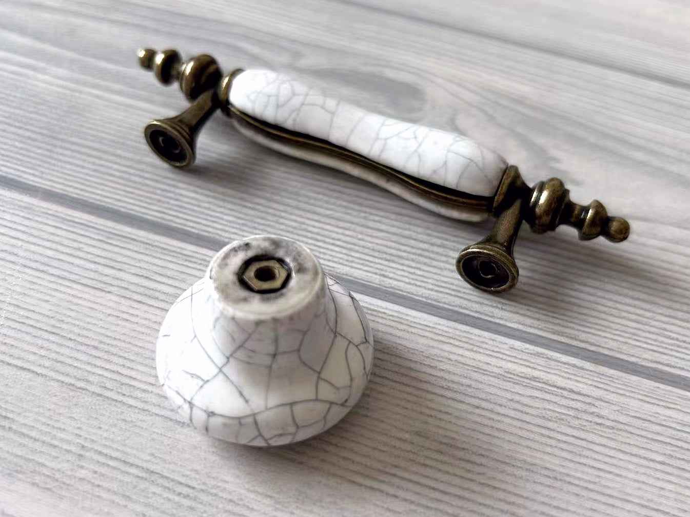 White Crackle Ceramic Cabinet Pull 3" - Porcelain with Antique Bronze Base