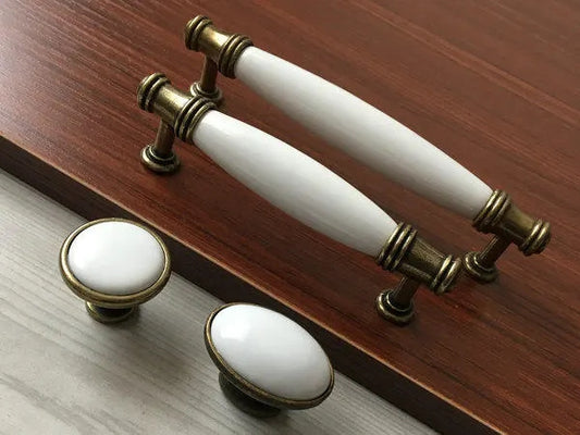 3.75" 5" Porcelain Drawer Pull,  White Antique Bronze, Kitchen Door Handle