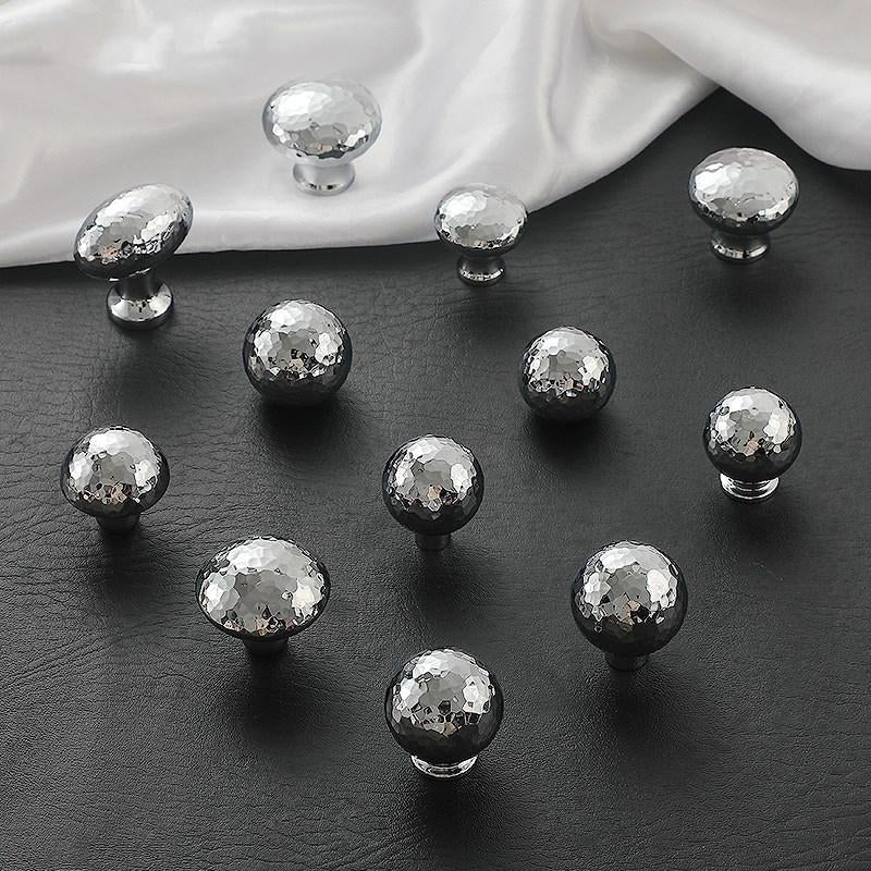 Silver Hammered Brass Drawer Knobs, Polished Chrome, Modern Kitchen Cabinet Hardware