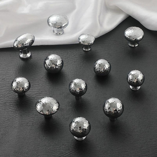 Silver Hammered Brass Drawer Knobs, Polished Chrome, Modern Kitchen Cabinet Hardware