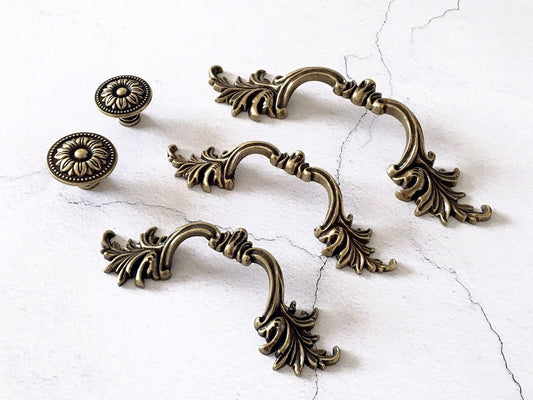2.5" 3" 3.75" Antique Bronze Leafy Drawer Pulls, French Provincial Cabinet Hardware