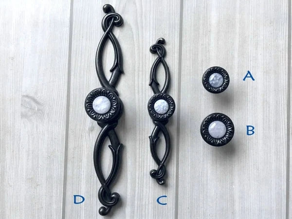 Gem Look Antique Black White Drawer Pulls, Backplates, Rustic Kitchen Hardware