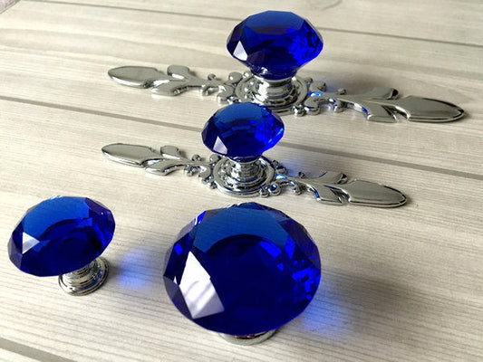 Blue Glass Drawer Knobs with Backplate, Polished Chrome, Kitchen Hardware