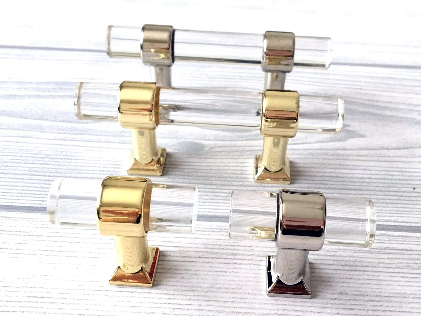 2" Centers, Acrylic Drawer Pulls, Lucite Cabinet Knobs, Black Gold Nickel Silver