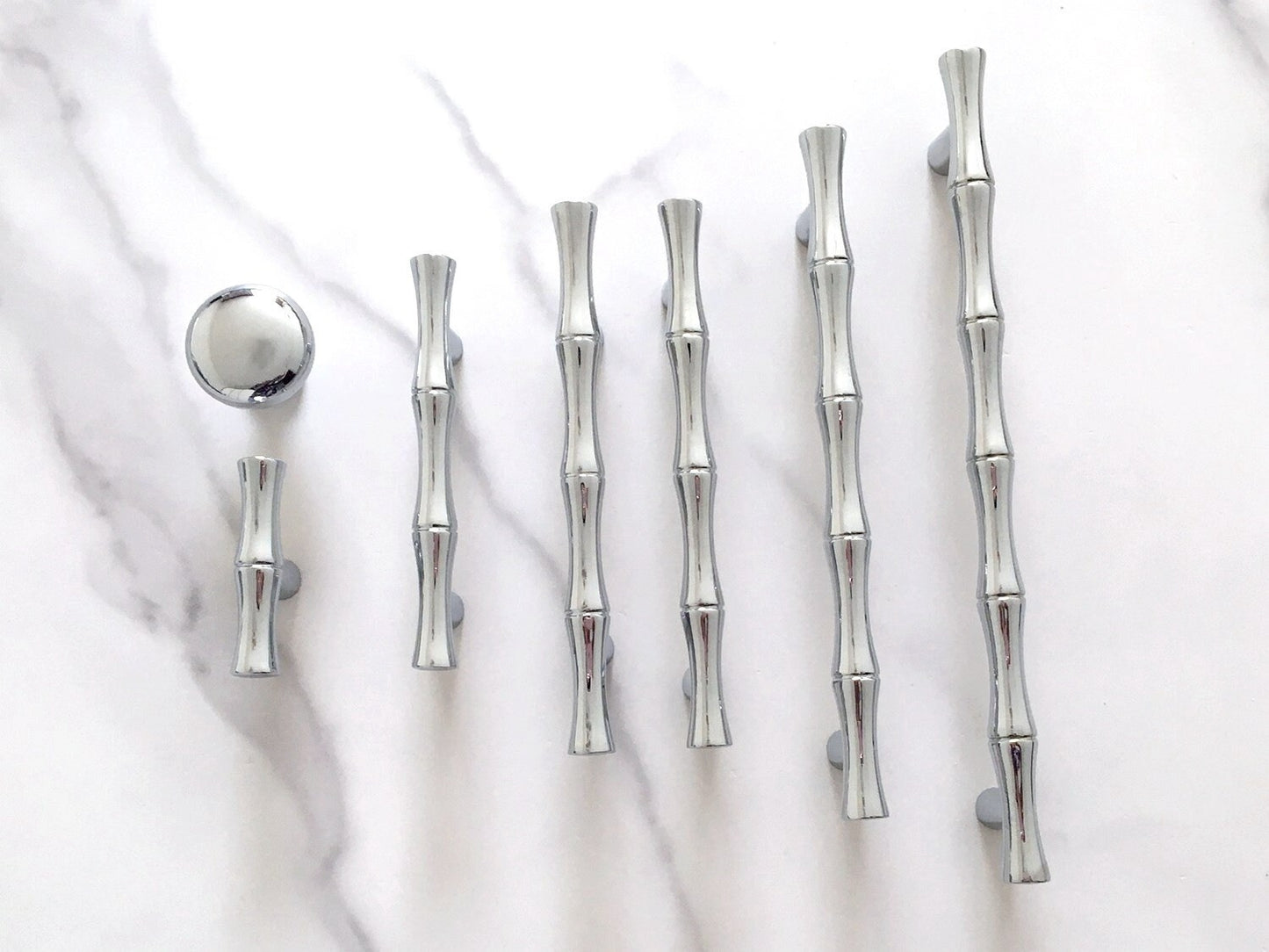 Bamboo Cabinet Pulls and Drawer Knobs, Polished Chrome Silver, Modern Kitchen Hardware