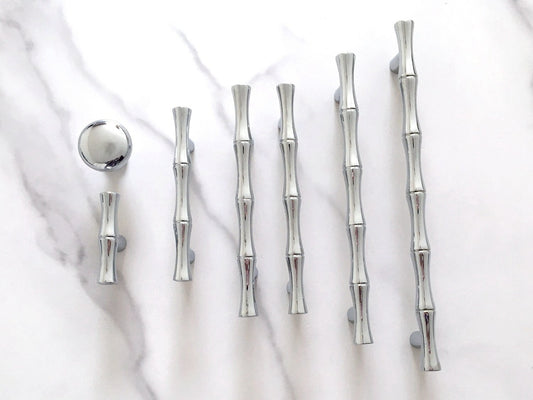 Bamboo Cabinet Pulls and Drawer Knobs, Polished Chrome Silver, Modern Kitchen Hardware
