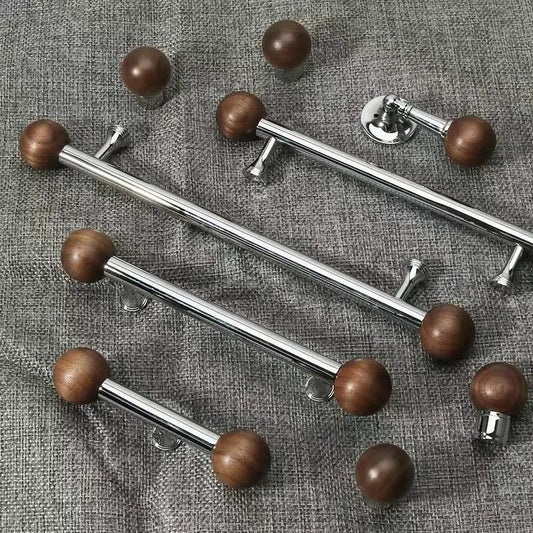 Walnut & Brass Chrome Cabinet Drawer Pull, Modern Japandi Kitchen Hardware