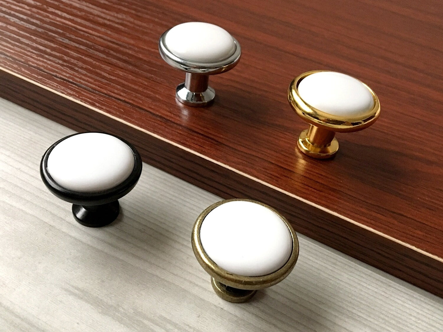 7.5" Kitchen Cabinet Pulls, Round Knobs, 192 mm Centers, Porcelain, White Bronze Chrome
