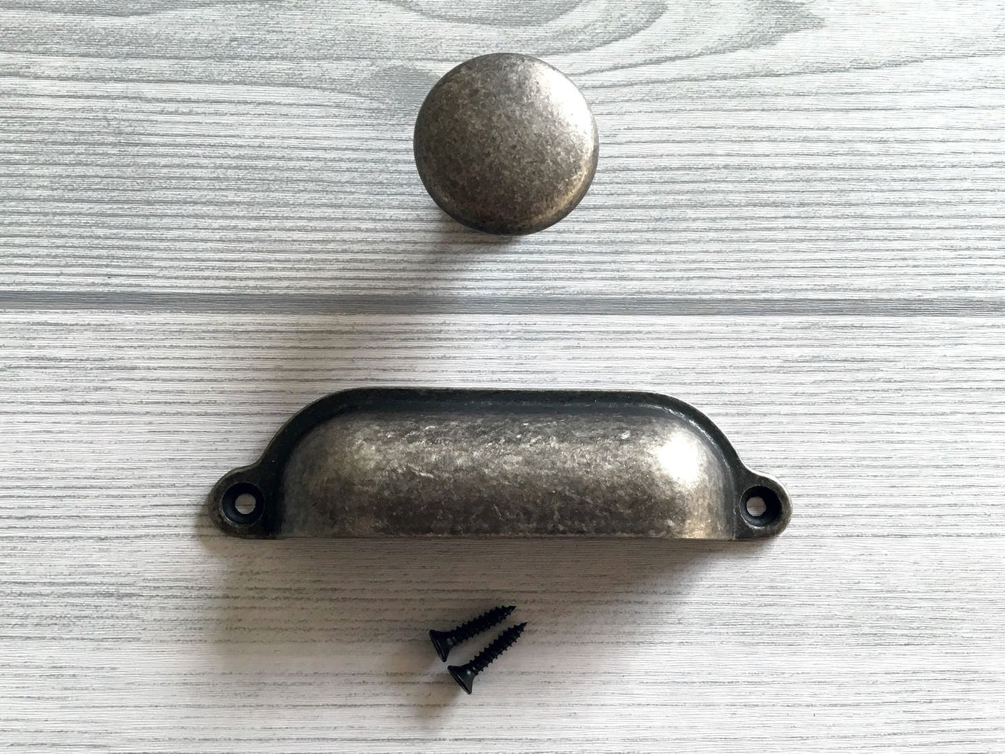 Cup Drawer Pull and Knobs, Antique Pewter, 3.5" Centers