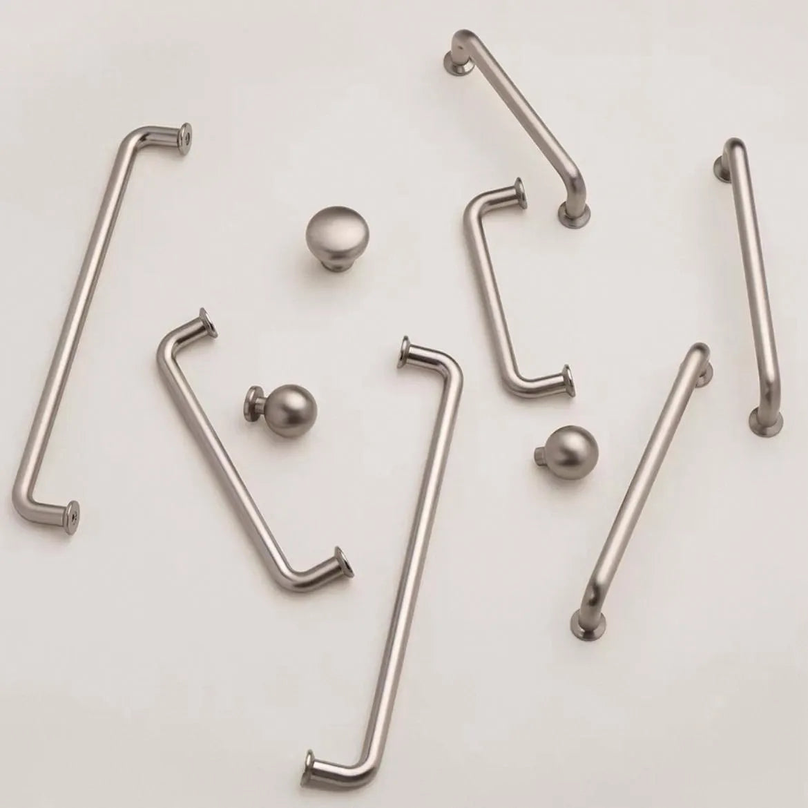 Brushed Nickel Cabinet D Handles and Ball Knobs, Modern Minimalist, 6.25" 5" 7.5" Centers