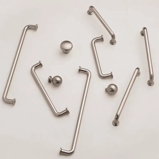Brushed Nickel Cabinet D Handles and Ball Knobs, Modern Minimalist, 6.25" 5" 7.5" Centers