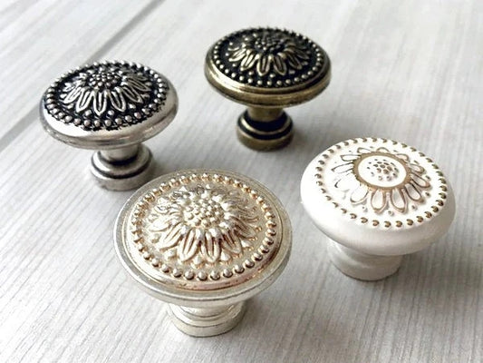 Small Sunflower Drawer Pulls, 1" Diameter, Vintage Shabby Chic