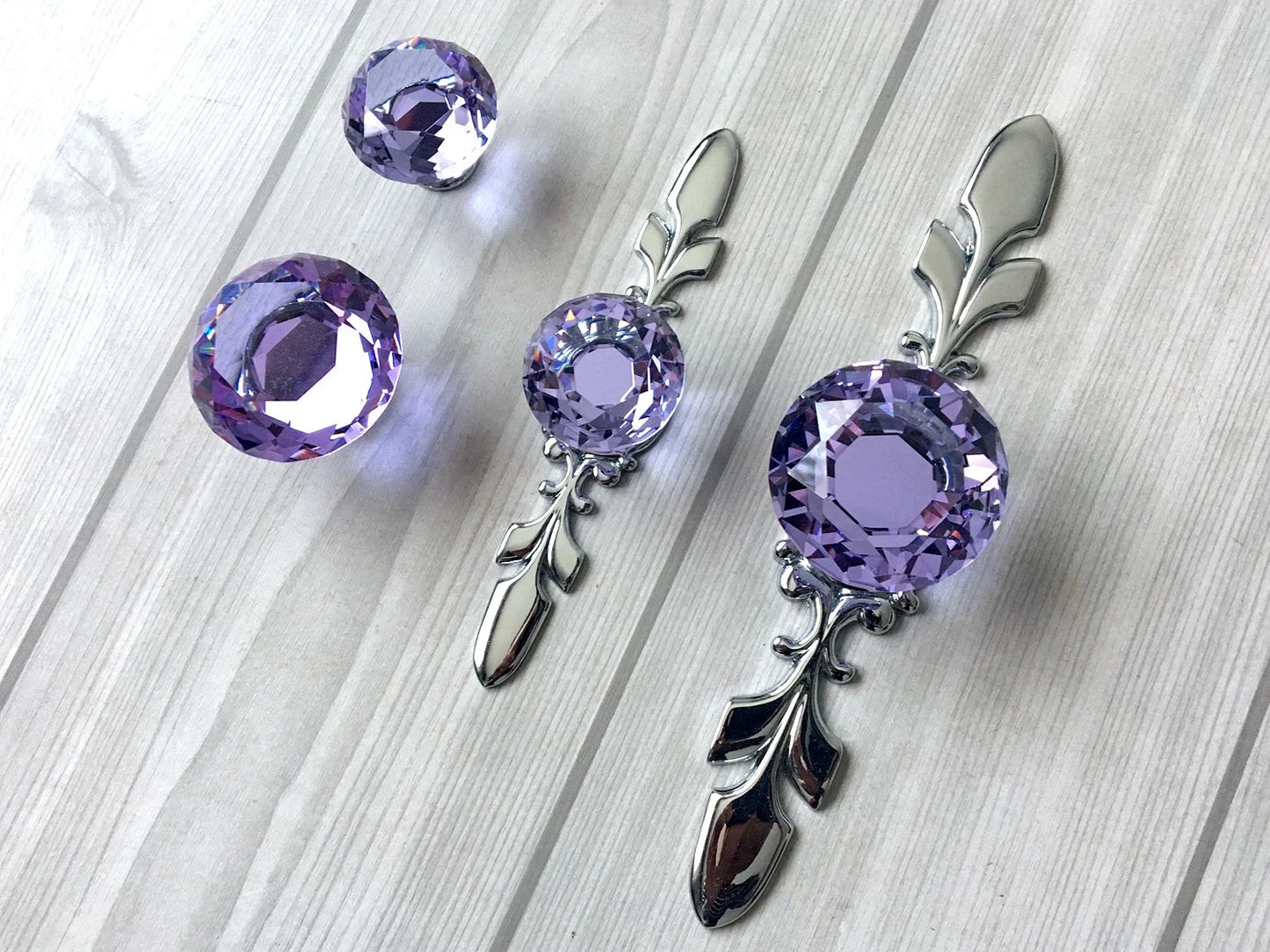 Purple Glass Drawer Knobs with Backplate, Polished Chrome