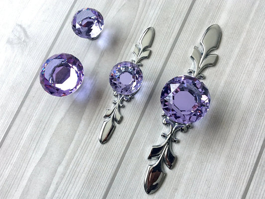 Purple Glass Drawer Knobs with Backplate, Polished Chrome