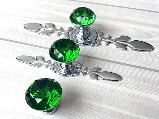 Green Glass Drawer Knobs with Backplate, Crystal Cabinet Pulls, Kitchen Hardware