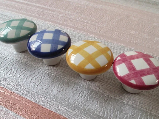 Gingham Porcelain Drawer Pulls, 3" 3.75" Centers, Blue Green Yellow Red