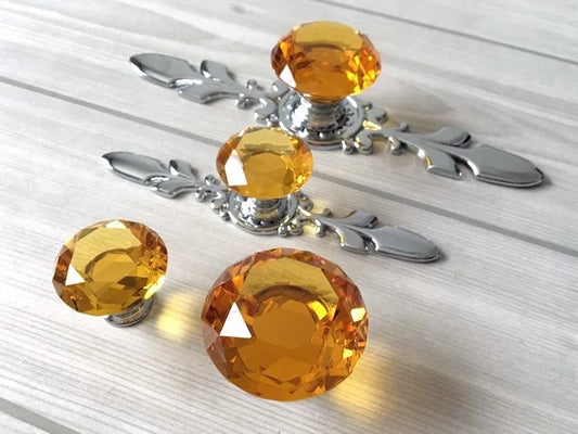 Amber Glass Drawer Knobs with Backplate, Brown Polished Chrome, Kitchen Hardware