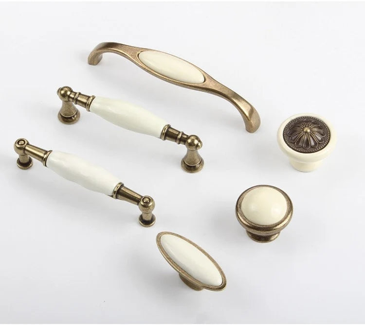 Cream Porcelain Cabinet Pulls Drawer Handles Antique Bronze