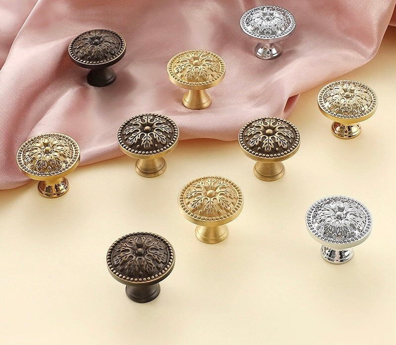 Floral Brass Knobs, Flower Cabinet Pulls, Gold Silver Bronze