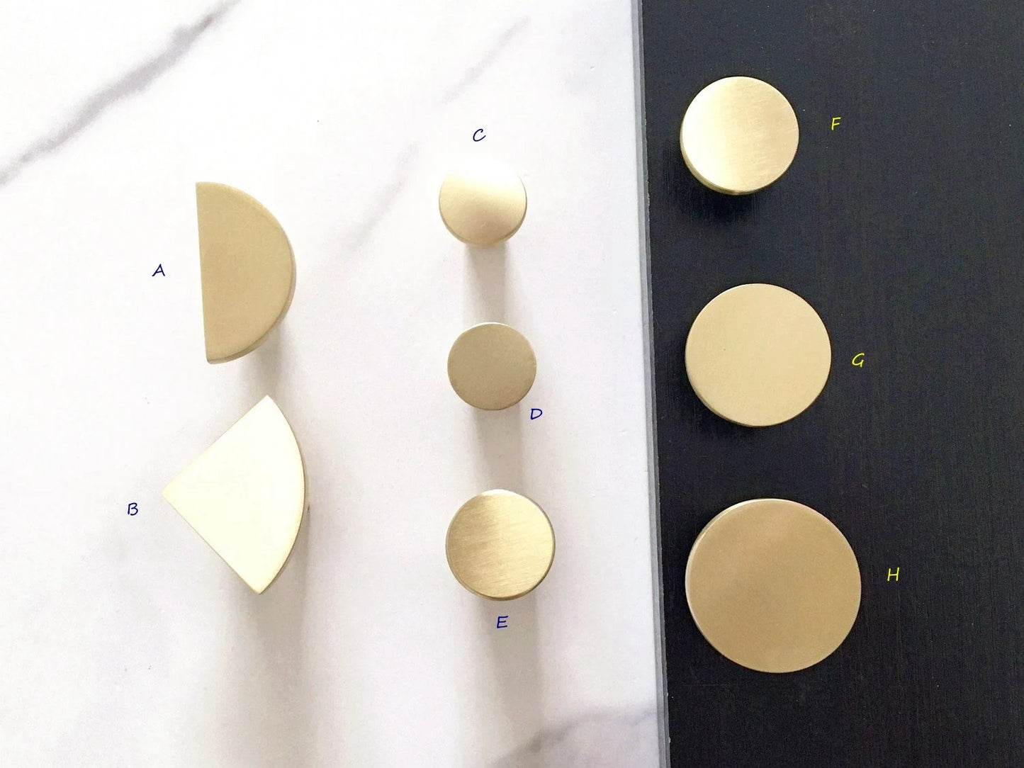 Brushed Gold Dresser Drawer Knob, Kitchen Cabinet Pull, Half Circle, Quarter Moon, Conical