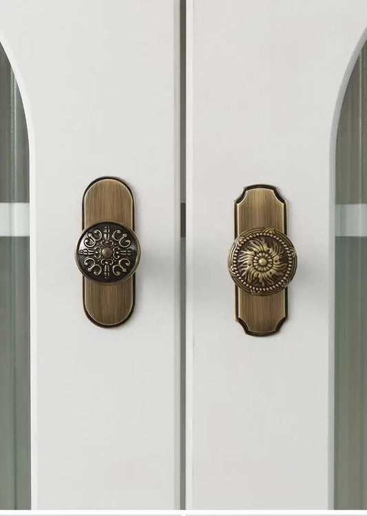 Solid Brass Cabinet Knob with Backplate, Antique Bronze, Victorian Round Floral Knob