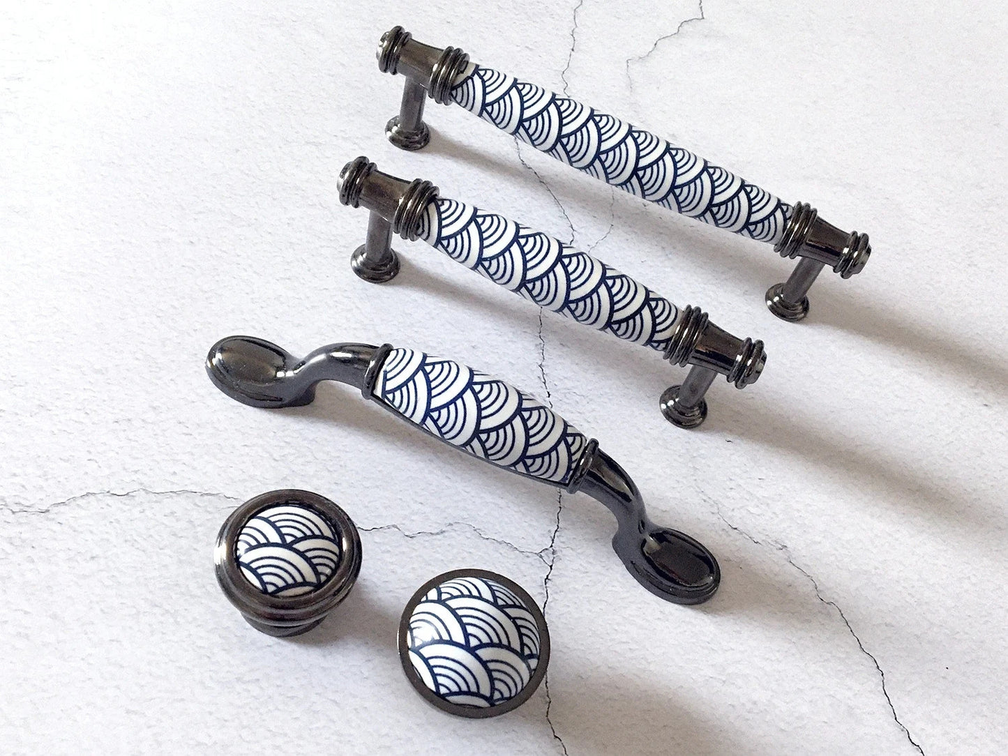 3.75" 5" Porcelain Cabinet Pulls, Blue White Scallop, Geometric Fish Scale, 96 128 mm Holes