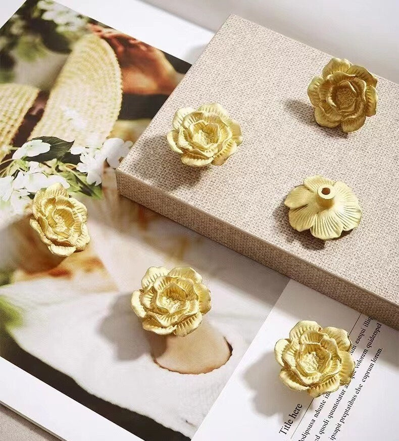 Decorative Camellia Brass Knobs, Blossom Petal Cabinet Pulls, Kitchen Hardware