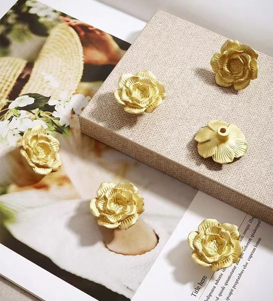 Decorative Camellia Brass Knobs, Blossom Petal Cabinet Pulls, Kitchen Hardware