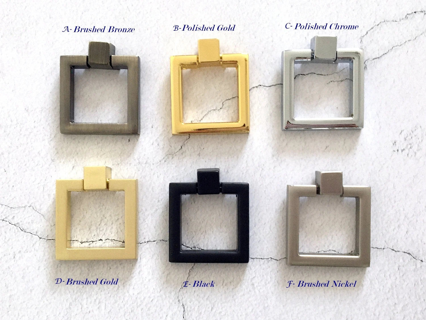Square & Ring Drop Cabinet Pulls, Gold, Nickel, Bronze, Black