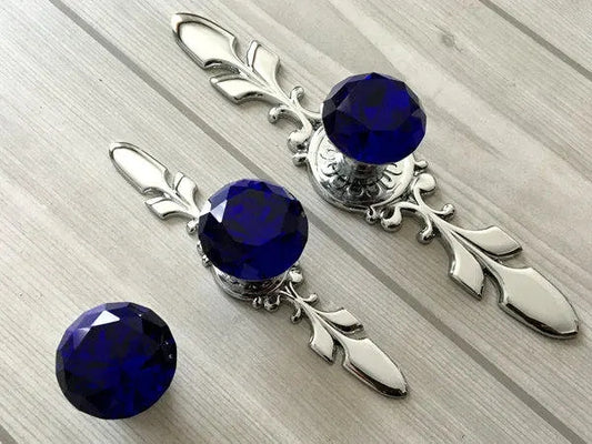 Blue Glass Drawer Knobs with Back Plate, Polished Chrome