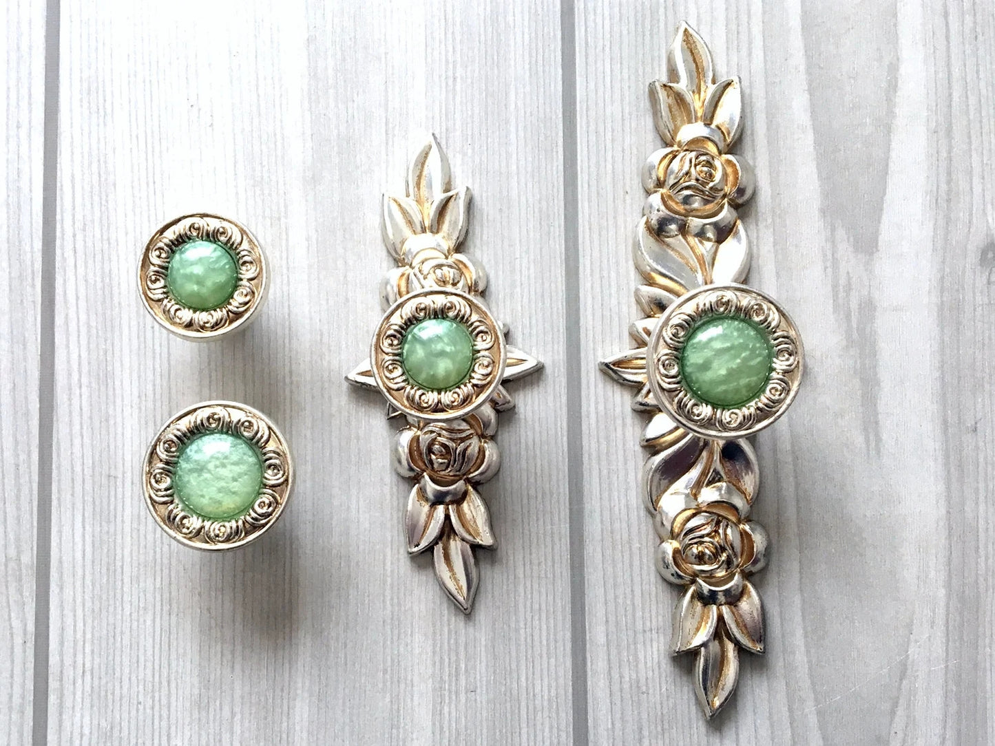 Shabby Chic Style Green Drawer Knobs with Antique Silver Backplate