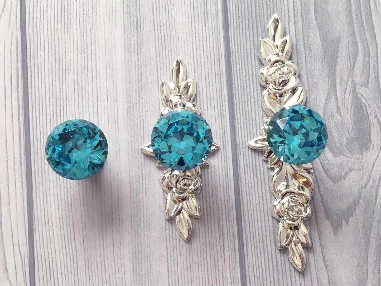 Blue Glass Drawer Knobs with Floral Back Plates, Polished Silver