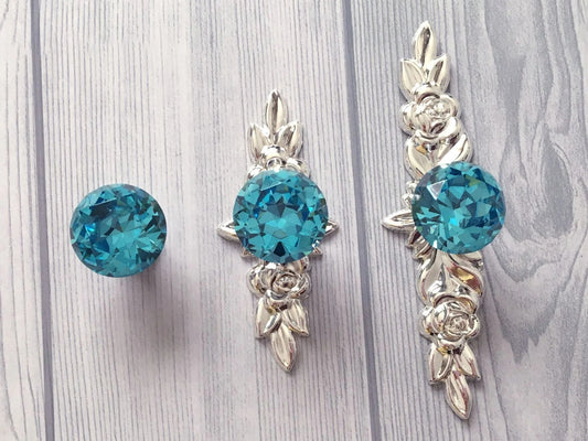 Blue Glass Drawer Knobs with Floral Back Plates, Polished Silver