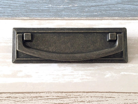 3" Vintage Style Drop Bail Drawer Pulls with Rectangle Backplate, Antique Bronze