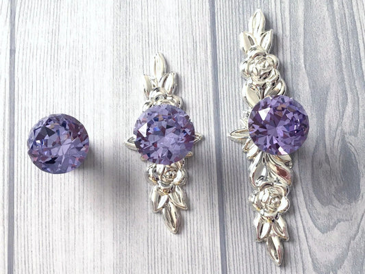 Purple Crystal Drawer Knobs with Backplate Shabby Chic