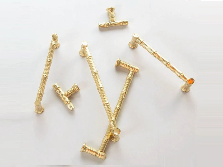 Bamboo Drawer Handles, Polished Gold, Kitchen Cabinet Hardware, 3.75" 5" 7.5" Centers