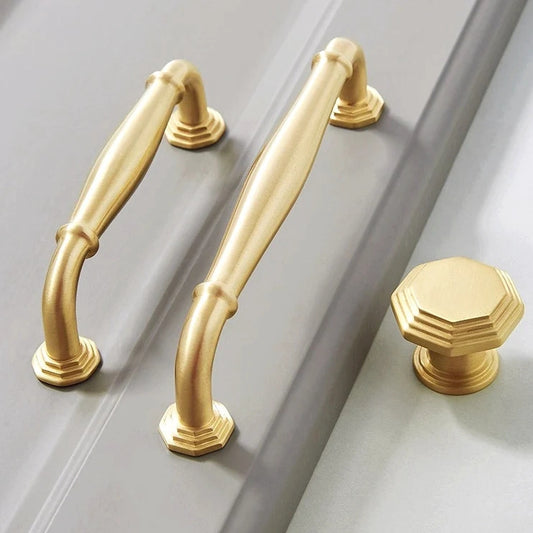 3.75" 5" 7.5" Octagonal Brass Cabinet Handles Brushed Gold Vanity Pulls