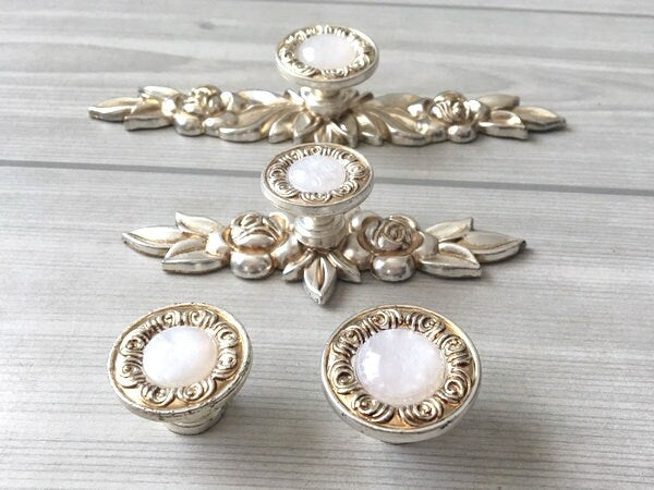 Drawer Knobs with Backplate, Shabby Chic, White Antique Silver