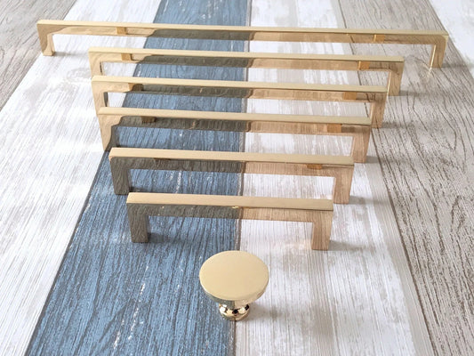 Polished Gold Cabinet Pulls, Circle Drawer Knobs, Slim Square, Modern Kitchen Hardware