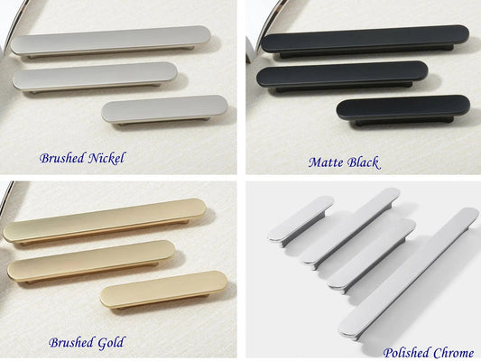 Flat Cabinet Pull Handles, Round Ends, Brushed Nickel, Brushed Gold, Black