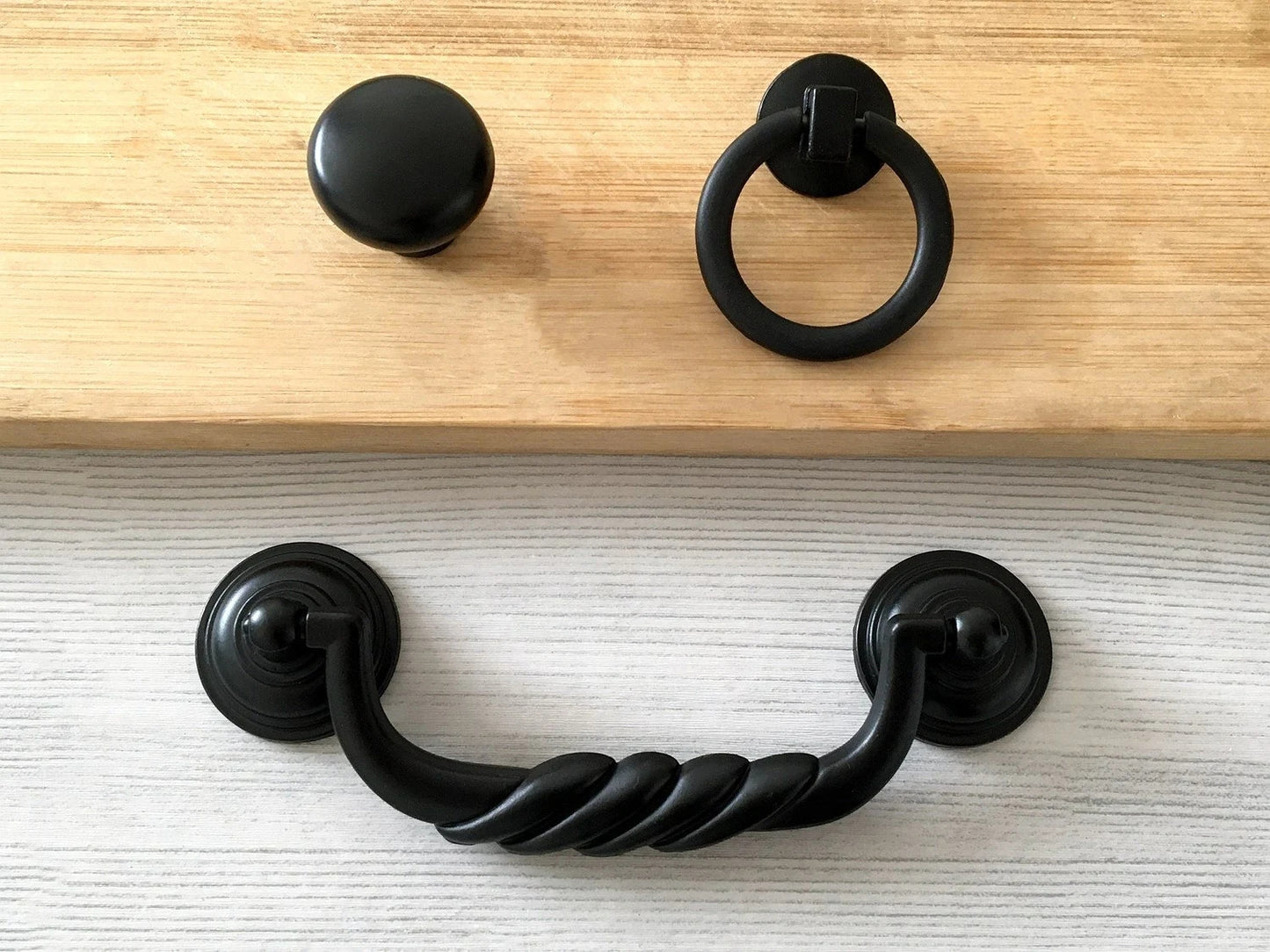 4.5" Black Bail Drawer Pull Handles, Round Knob and Drop Ring