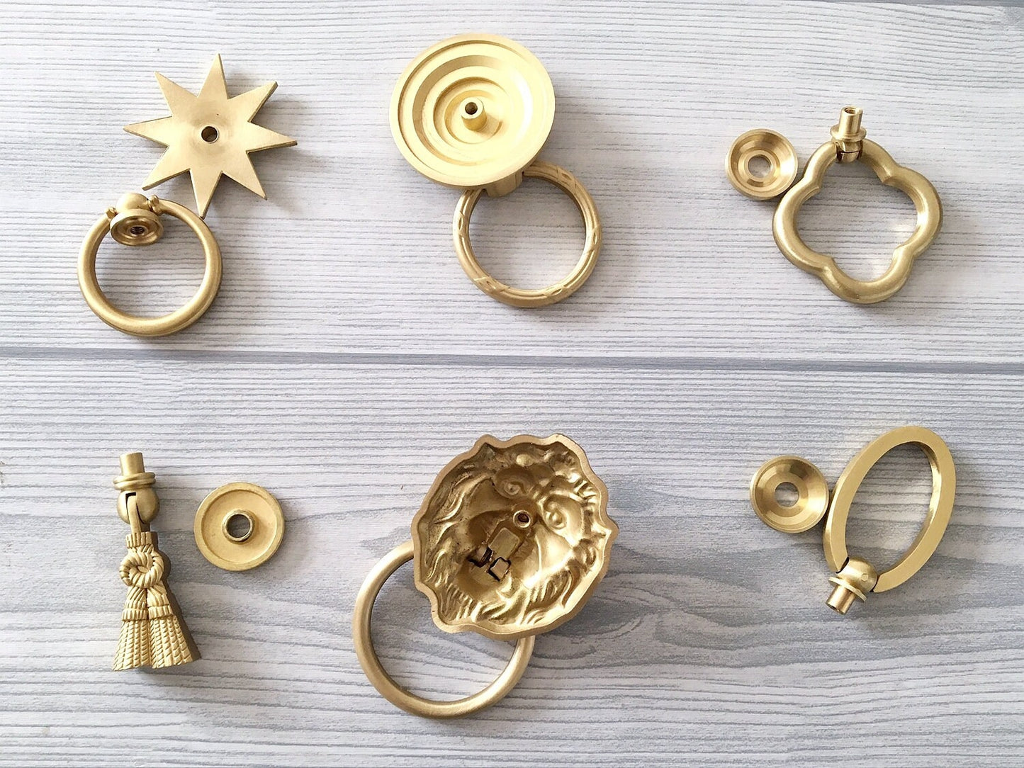Brass Drop Ring Drawer Pulls, Lion Head, Oval, Floral Backplate, Tassel, Starburst, Clover