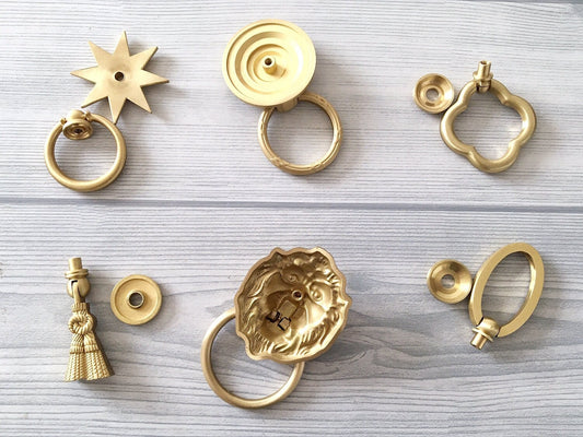 Brass Drop Ring Drawer Pulls, Lion Head, Oval, Floral Backplate, Tassel, Starburst, Clover
