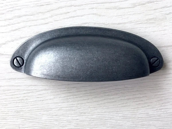 3.5 Inch Cup Drawer Pulls Antique Pewter Caibnet Handles Lynns Hardware 3-1/2 Inch 90 mm